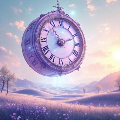 The primary subject of the image is a large, ornate clock floating in the air. The clock is purple and white, and it appears to be floating in a field of flowers. The setting is a beautiful, serene landscape with a mountain in the background. The visual style of the image is a combination of digital art and illustration, creating a whimsical and dreamlike atmosphere. The colors and mood of the image are predominantly purple and white, giving it a calming and peaceful vibe.